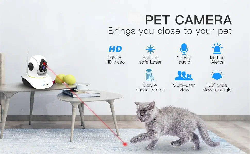 AMOBOX Pet Camera, High-definition video, two-way audio, and motion alerts with remote viewing on smartphone.