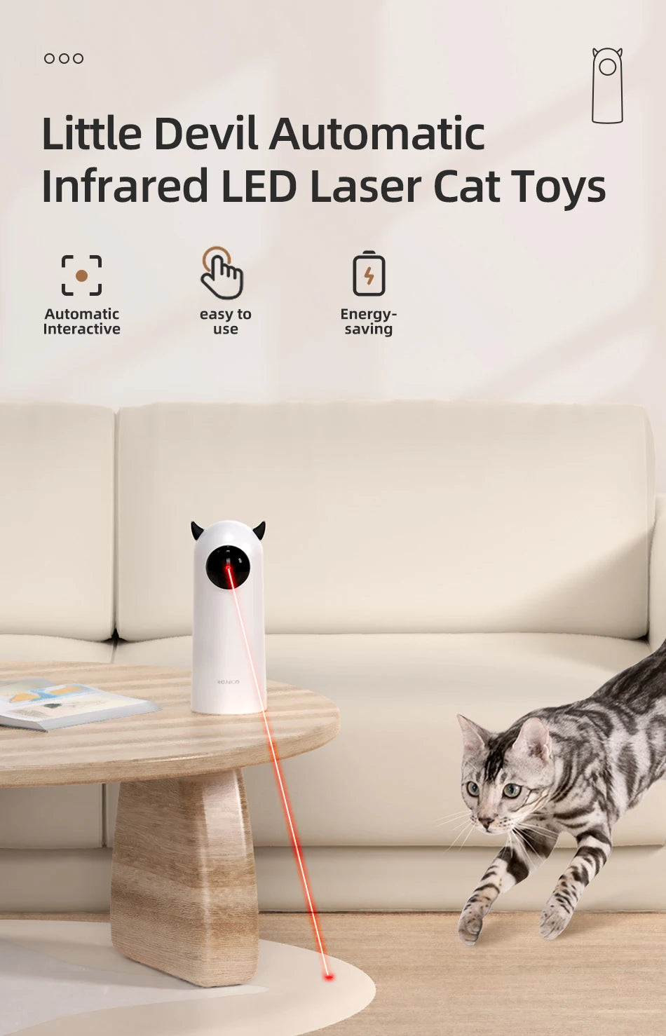 Interactive LED laser cat toy for playful kitties, easy to use and energy-efficient.