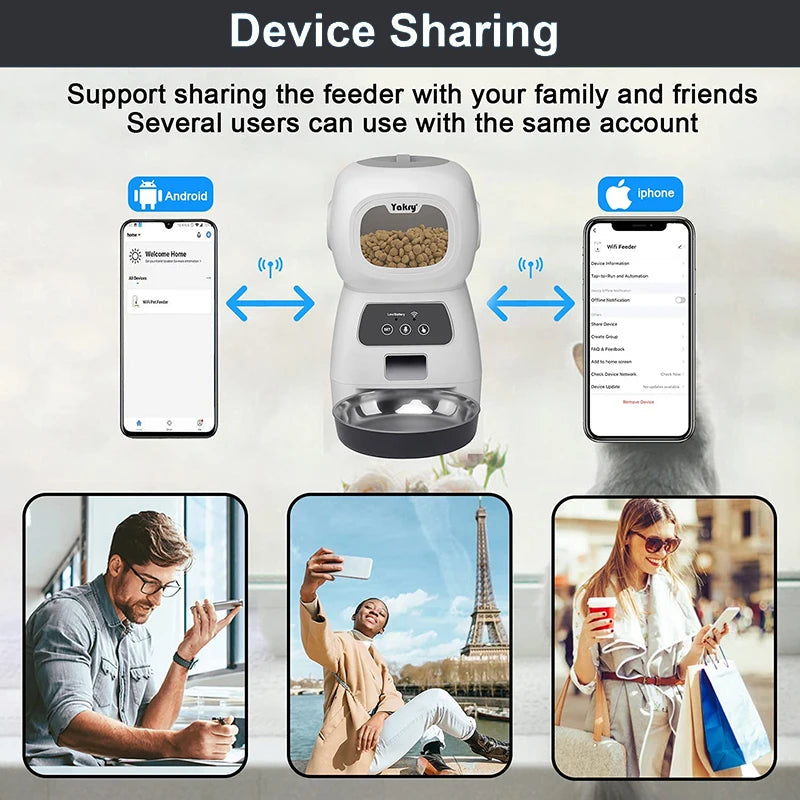3L Automatic Cat Feeder, Device-sharing feature allows multiple users to access app on Android or iPhone devices.