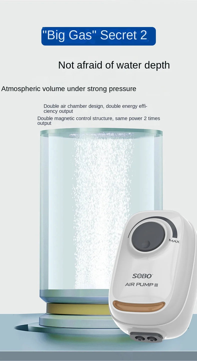 SOBO High Power 3W 6W Mute Oxygen Pump, Air pump designed for efficient energy output with dual chambers and magnetic controls, suitable for various water depths.