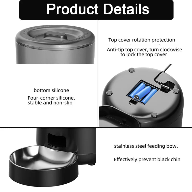 Cat Timing Feeder, Pet accessory with rotating tip cover, stable silicone base, and spill-preventing stainless steel bowl.