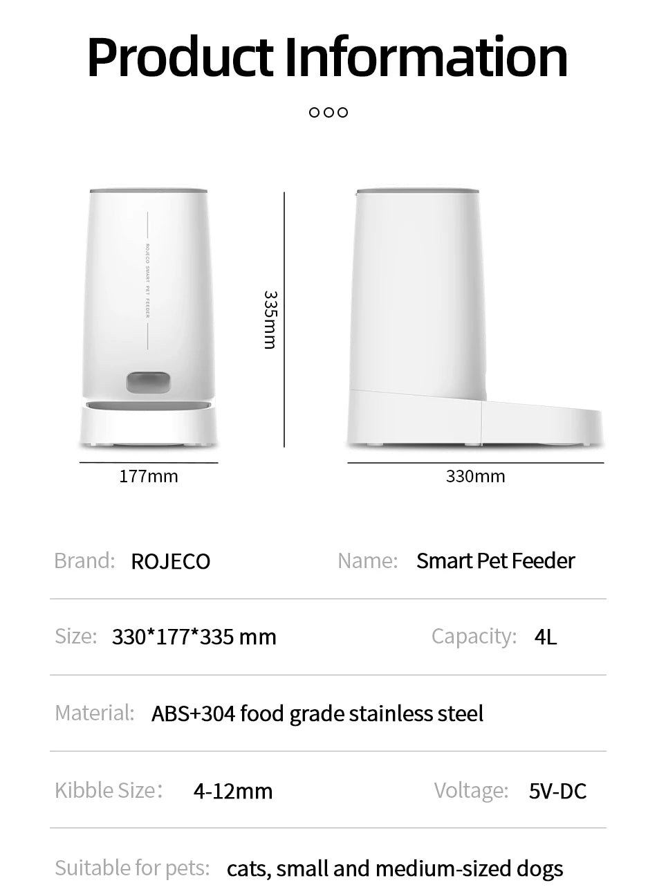 ROJECO 4L Automatic Pet Feeder, Automatic pet feeder with smart control and button operation for cats and dogs, dispensing dry food.