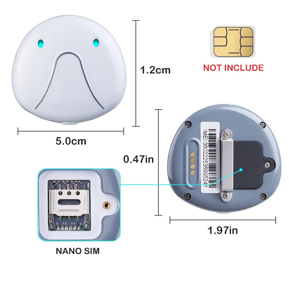 Smart Electronic Pet GPS Tracker Collar, Nano SIM card measures 1.2 cm (0.47 in) for use in small devices.