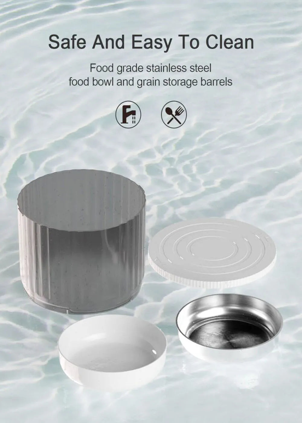 4L Pet Feeder, Stainless steel food bowl with easy cleaning and food-grade storage compartments.