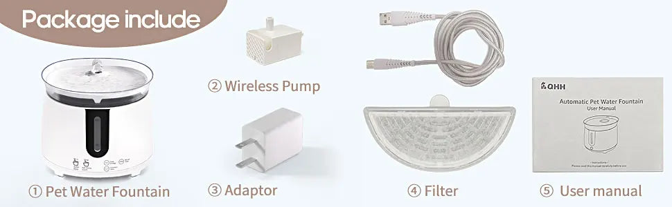 2L Cat Water Fountain, Package includes wireless pet fountain, adaptor filter, user manual, and pump.