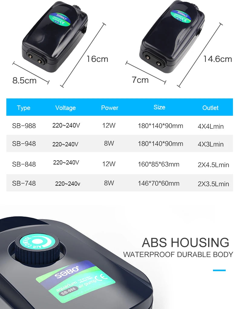 SOBO 748 High Power 8w Fish Tank Oxygen Air Pump, 8W Oxygen Air Pump for Fish Tank, Adjustable Flow, Silent Operation