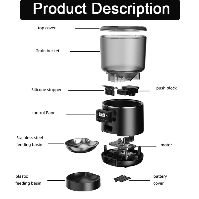 3L Automatic Cat Feeder, Automatic feeder with motorized design, stainless steel basin, and battery power.