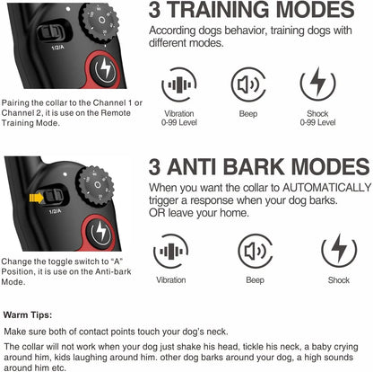 Dog Training Collar Remote Control Electric Shock Automatic Anti-Bark Collar w/3 Training Modes Beep Vibration Shock Waterproof