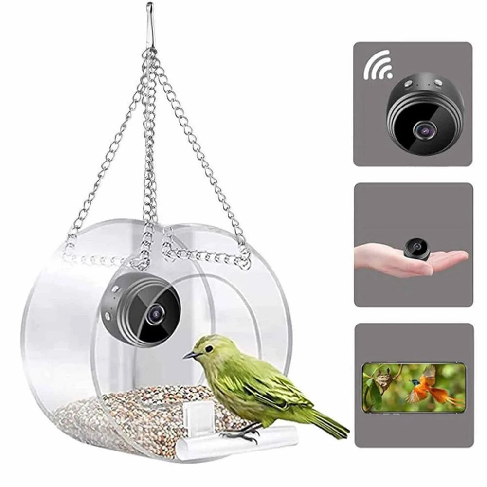 Smart Bird House, Pet bird feeder with acrylic and camera, easy installation, outdoor use.