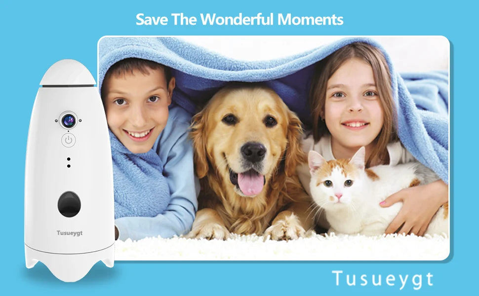 Smart 1080p Dog Camera, Smart camera with treat dispenser and 360-degree view controlled by phone app.