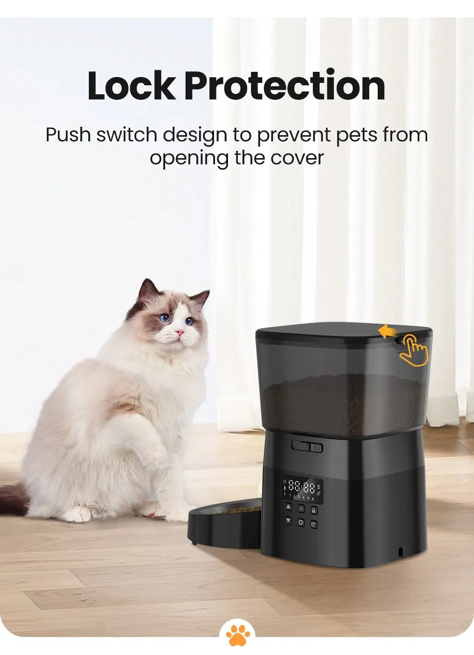 ROJECO 2L Automatic Pet Feeder, Secure lock and push-button design prevent curious pets from accidentally opening the feeder.