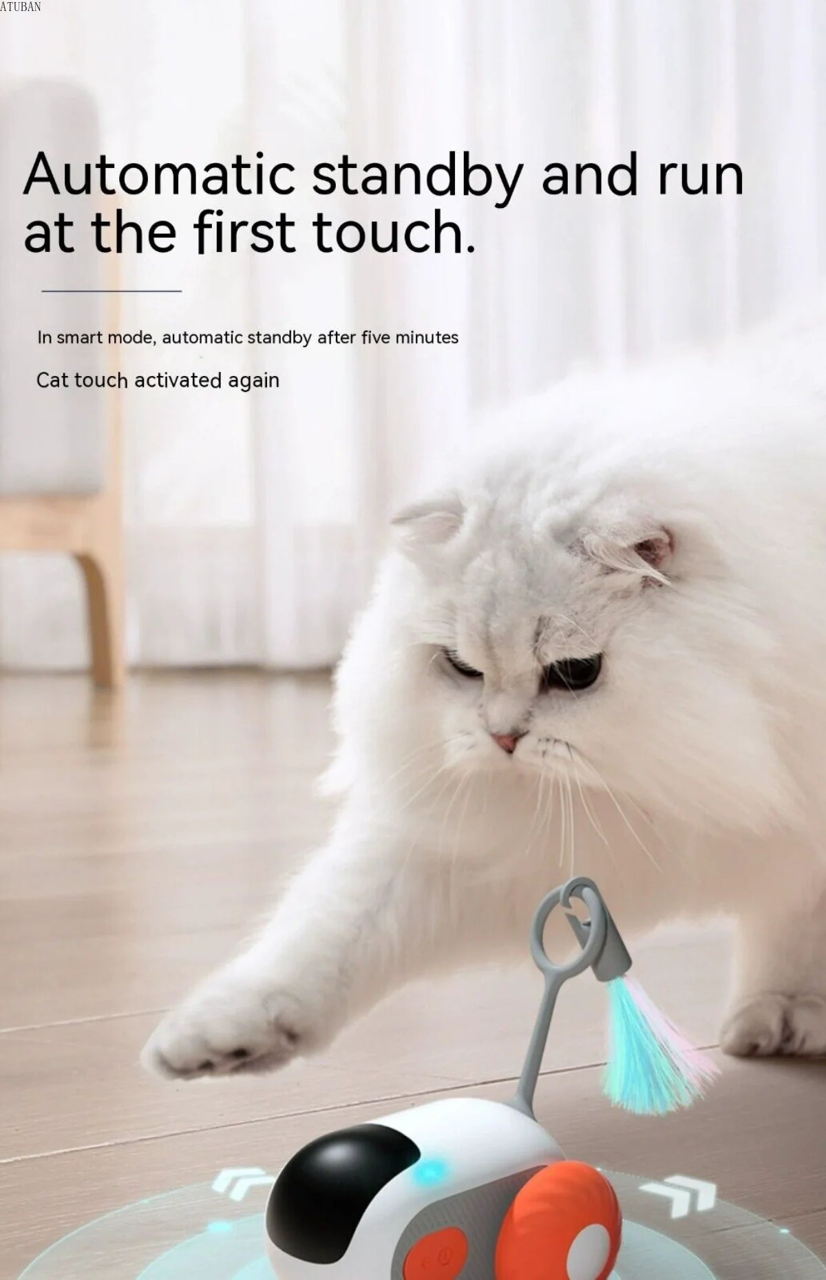 ATUBAN Remote Smart Cat Toy, Automatic standby for 5 minutes. Touch-activated to start rolling again in smart mode.