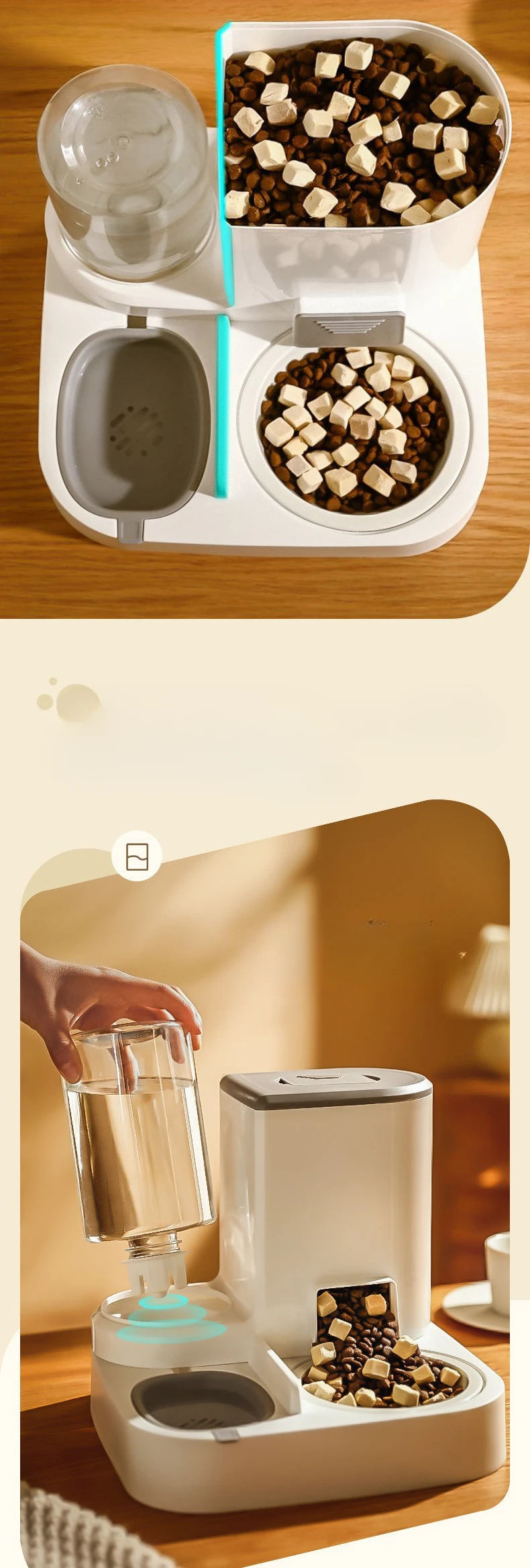 1L Water capacity  + 2.2L Food storage capacity , Water refills automatically with siphon principle, ensuring cleanliness and hygiene.