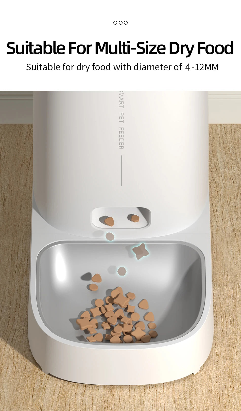 ROJECO 4L Automatic Cat Feeder, Compatible with various dry cat food sizes (4mm-12mm) for flexible feeding options.