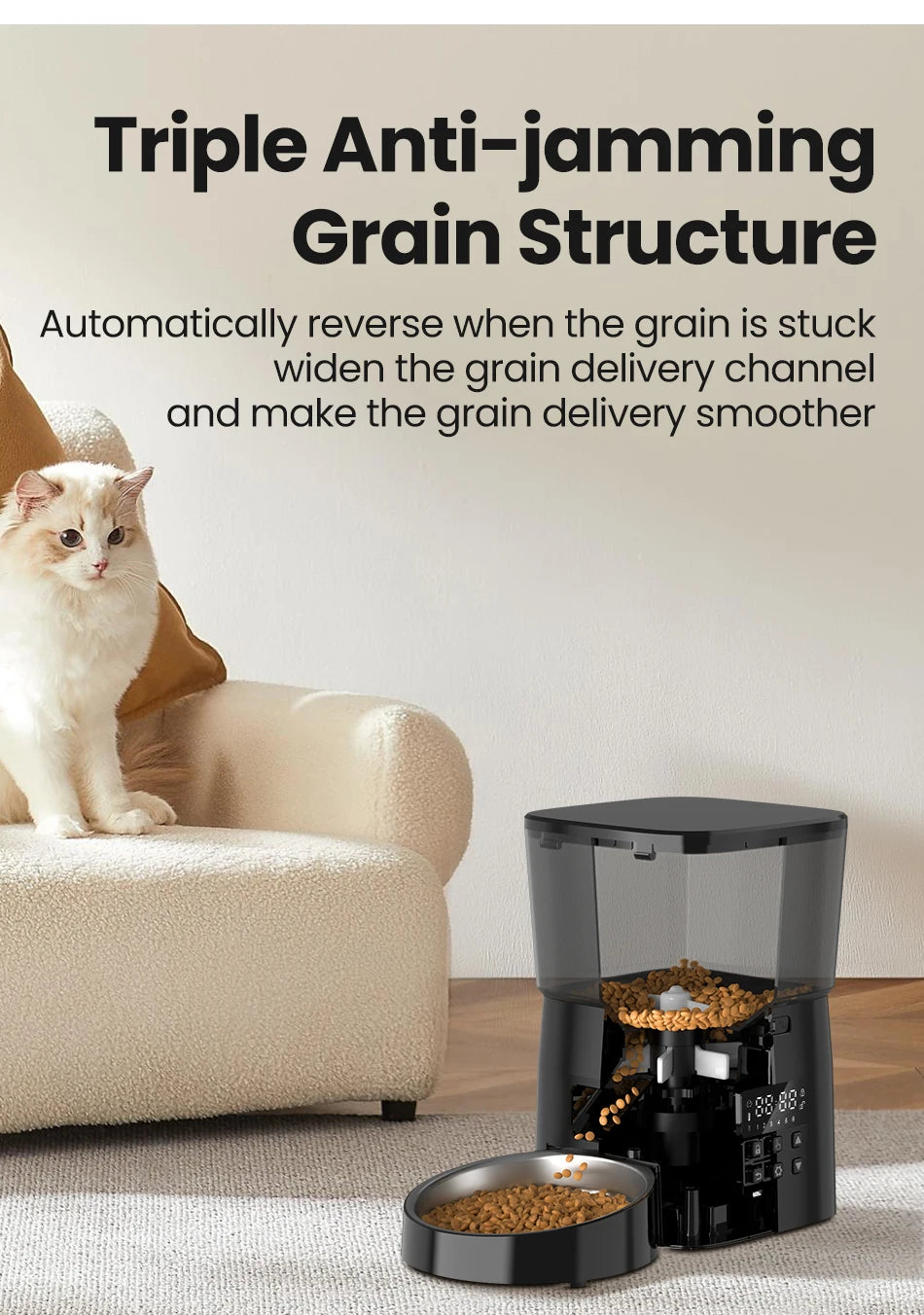 ROJECO Automatic Cat Feeder, Reverses grain flow to widen channel for smoother feeding and prevent jamming.
