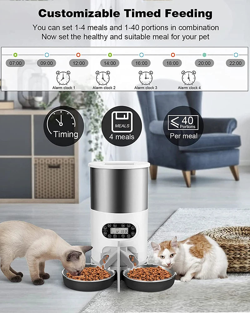 Cat Timing Feeder, Customize timed feeding with multiple meals and portions, receive reminders via alarm clock.