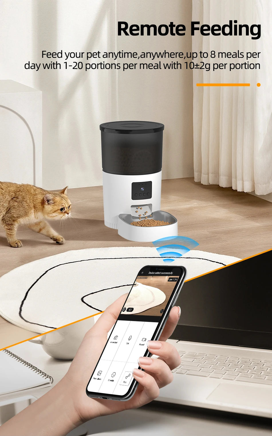 ROJECO Automatic Cat Feeder, Feed your pet remotely, up to 8 times a day, in adjustable portion sizes, perfect for busy owners.