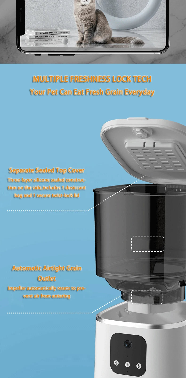 6L Automatic Cat Feeder, WiFi controlled feeder with freshness locks and resetting grain outlet for pets.