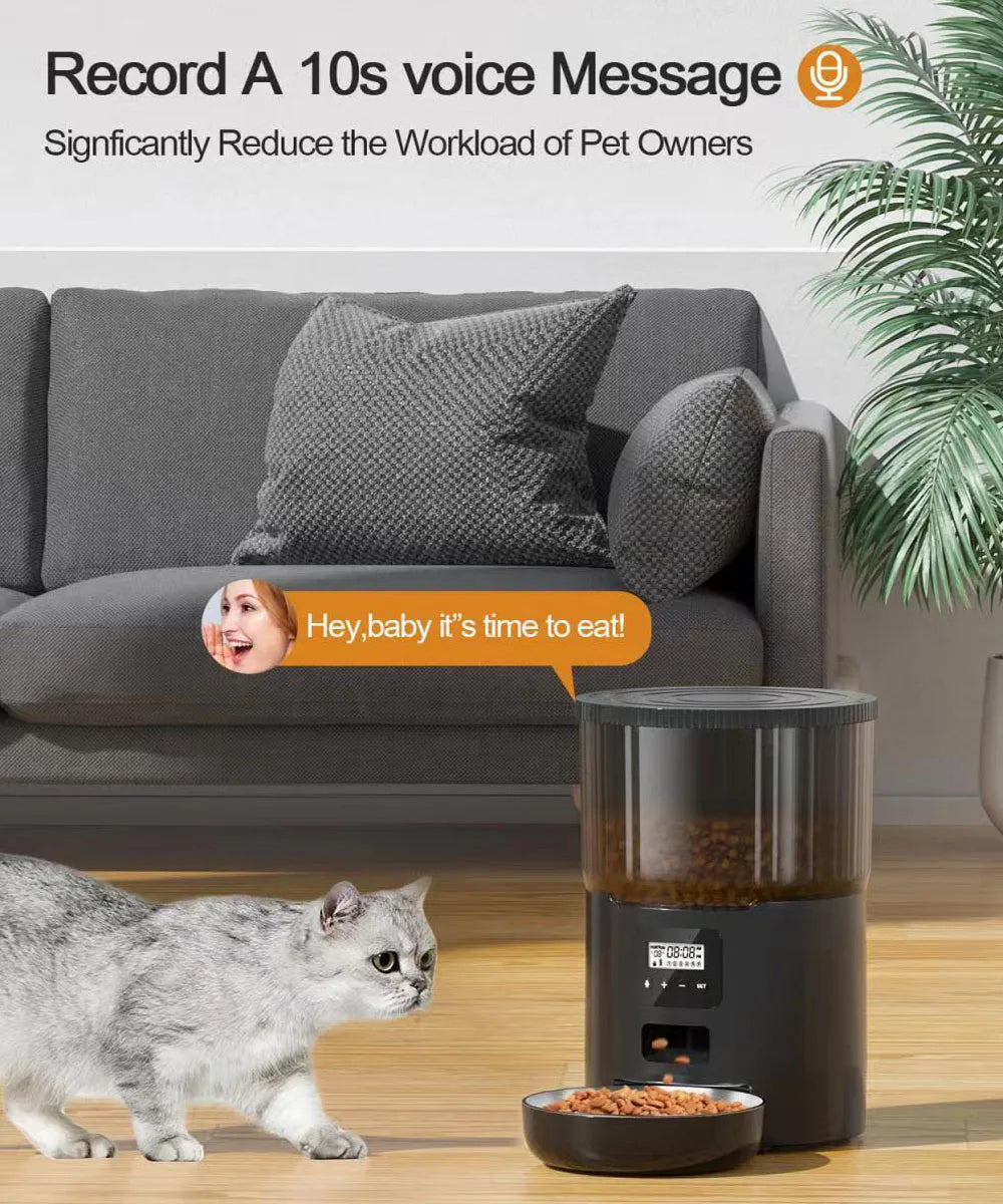 4L Pet Feeder, Voice recording for busy pet owners, reminding them it's time to feed their pets.