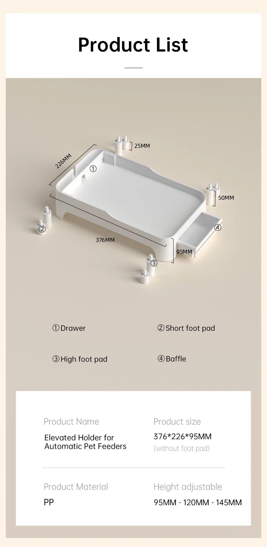 ROJECO Elevated Holder For Automatic Pet Feeder, Elevated holder adjusts to heights up to 226mm for various-sized automatic pet feeders.