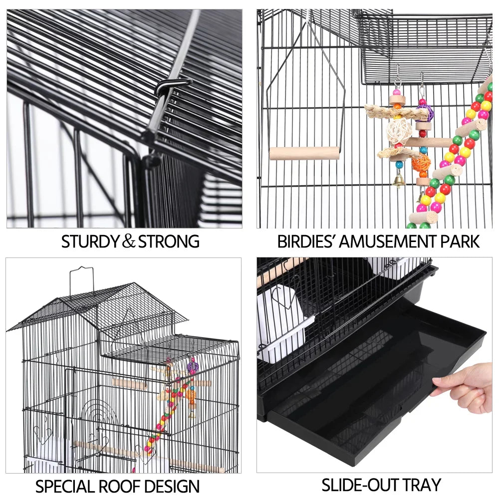 SMILE MART 39" Metal Bird Cage, Metal bird cage with sturdy perches, toys, and slide-out tray for easy cleaning.