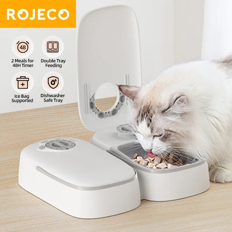 ROJECO 2 Meals Automatic Pet Feeder - Smart Cat Food Dispenser For Wet & Dry Food Kibble Dispenser Accessories Auto Feeder For Cat