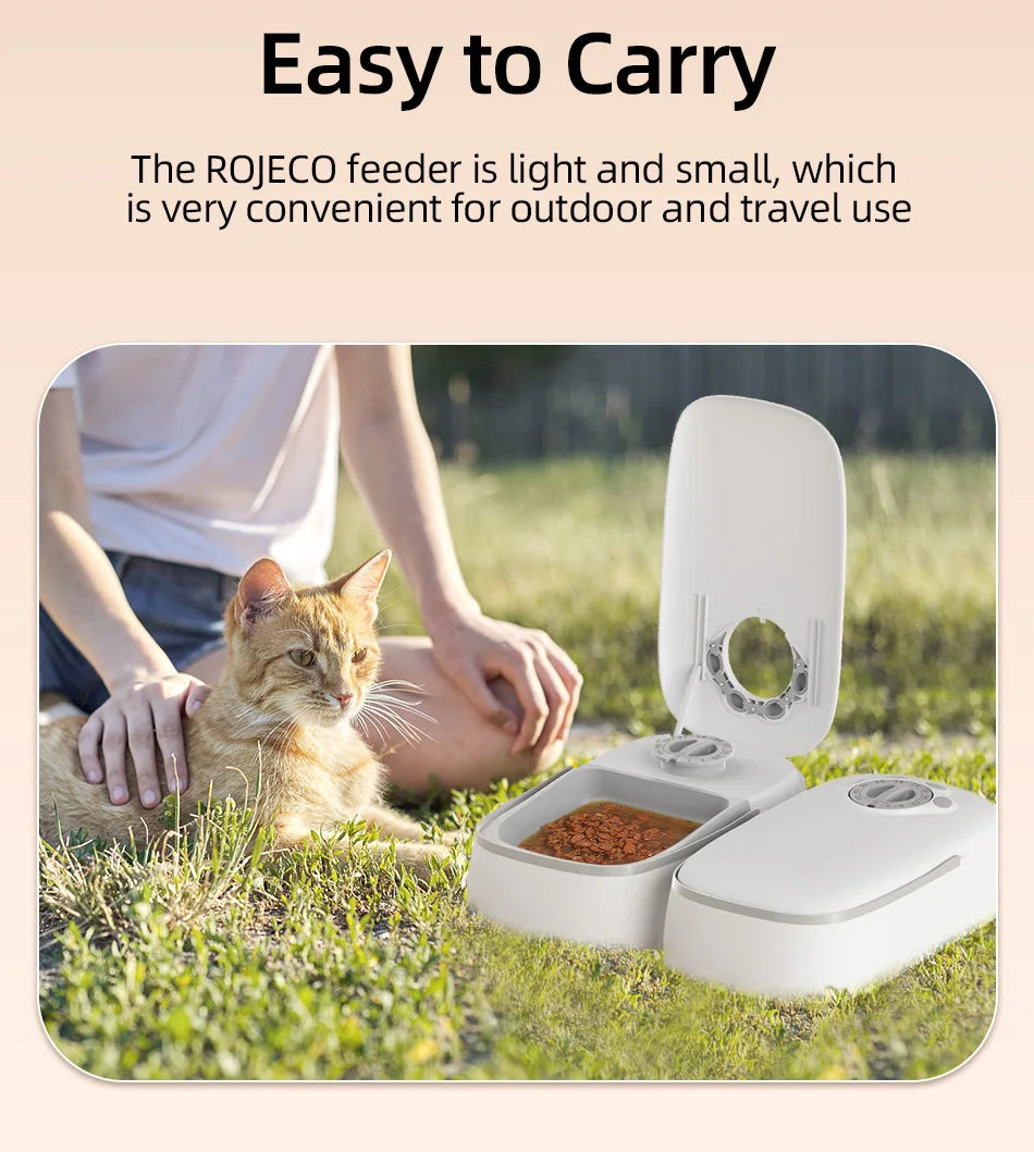 ROJECO 2 Meals Automatic Pet Feeder, Portable pet feeder for outdoor or travel use.