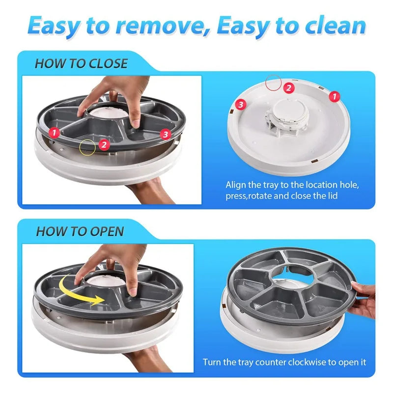 24 Hours Pet Automatic Feeder, Easy cleaning: Align tray with hole, press and rotate to close; turn counterclockwise to open.