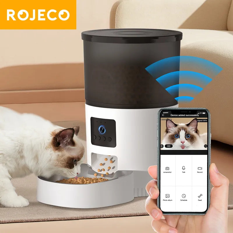 ROJECO Automatic Cat Feeder With Camera - Video Cat Food Dispenser Pet Smart Voice Recorder Remote Control Auto Feeder For Cat Dog