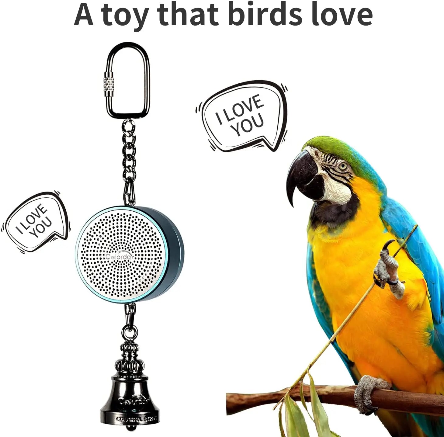 Parrot Toy, Interactive bird toy teaches phrases like 'I love you' through recorded playback and voice coaching.