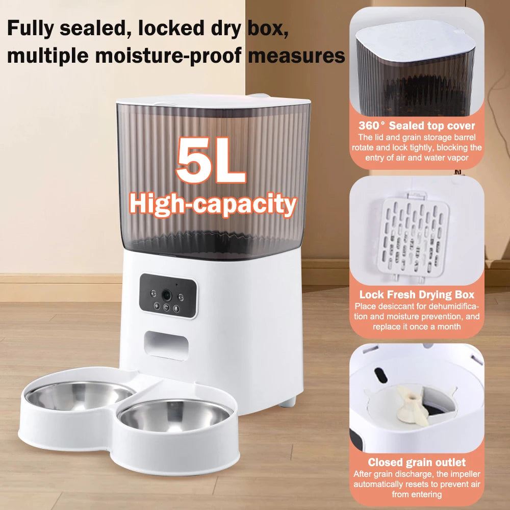 5L Automatic Cat Feeder, Sealed smart feeder maintains dry environment with desiccant packet and automatic reset to prevent air and moisture entry.