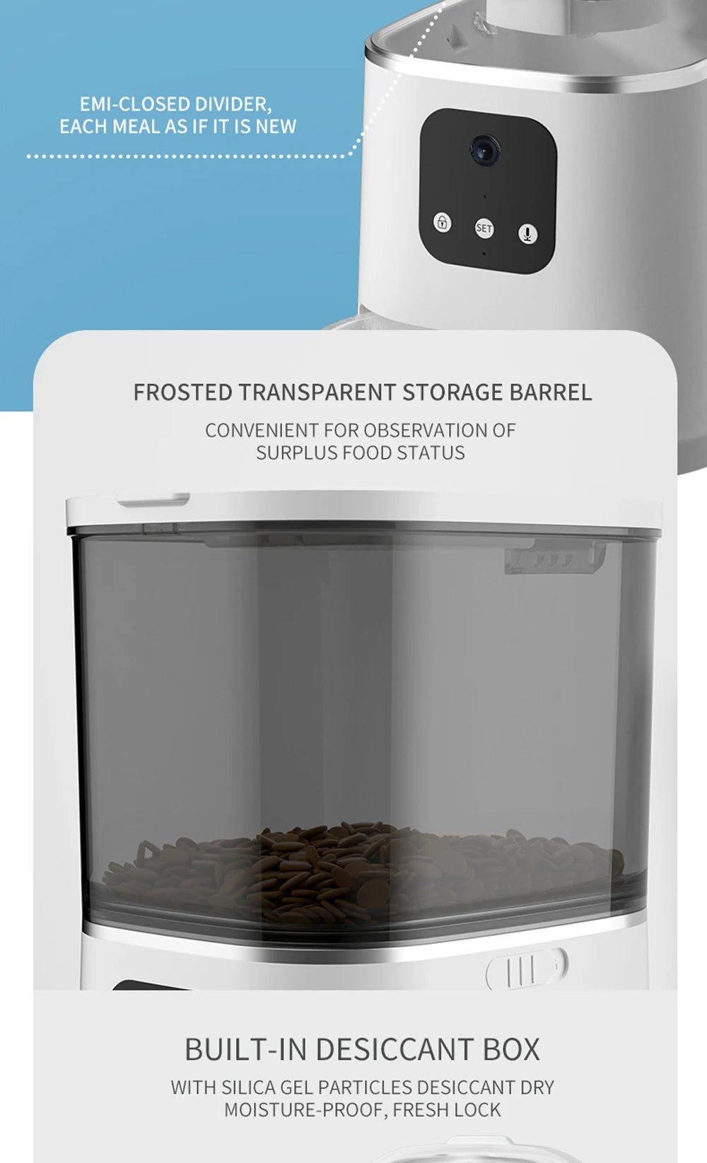 3L 6L Video Camera Feeder, Smart feeder with separate meal compartment, transparent storage, and desiccant box to keep food fresh.