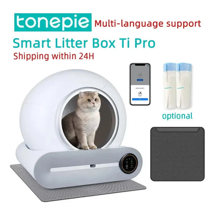 Tonepie 65L Automatic Smart Cat Litter Box - Self Cleaning Fully Enclosed Cat Litter Box Pet Toilet Litter Tray English versions