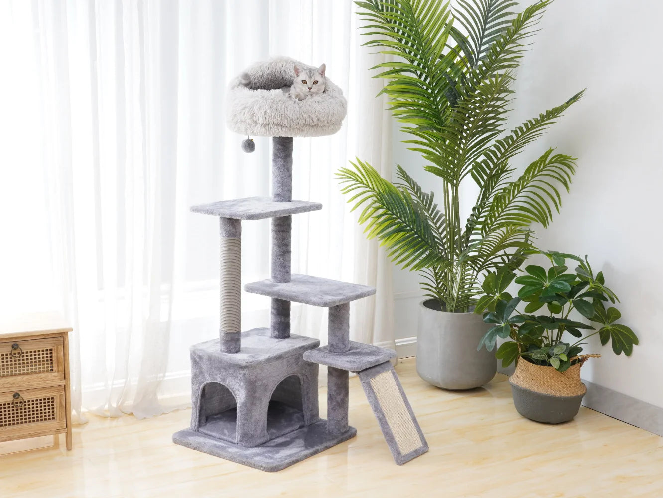 Catry 4-Level Grey Cat Tree, NoEnName_ Null scratching post made from cloth, origin Mainland China and manufactured in Hong Kong.
