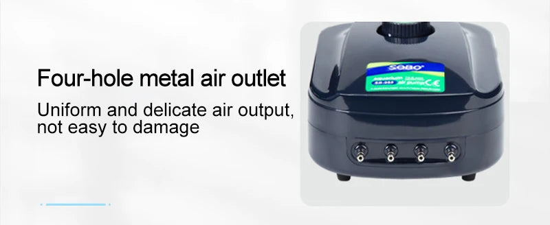 SOBO Silent Aquarium Oxygen Air Pump, Features four-hole metal air outlets for uniform and gentle air distribution, minimizing damage risk.