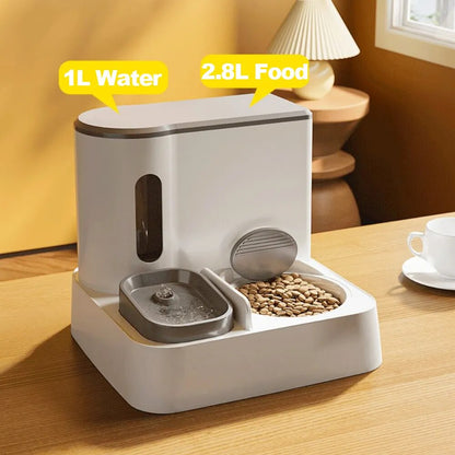 2.8L Cat Automatic Food Feeder + 1L Cat Water Dispenser - Kitten Drinking Bowl Dog Drinker Double Bowls Large Capacity Water Source Pet Supplies