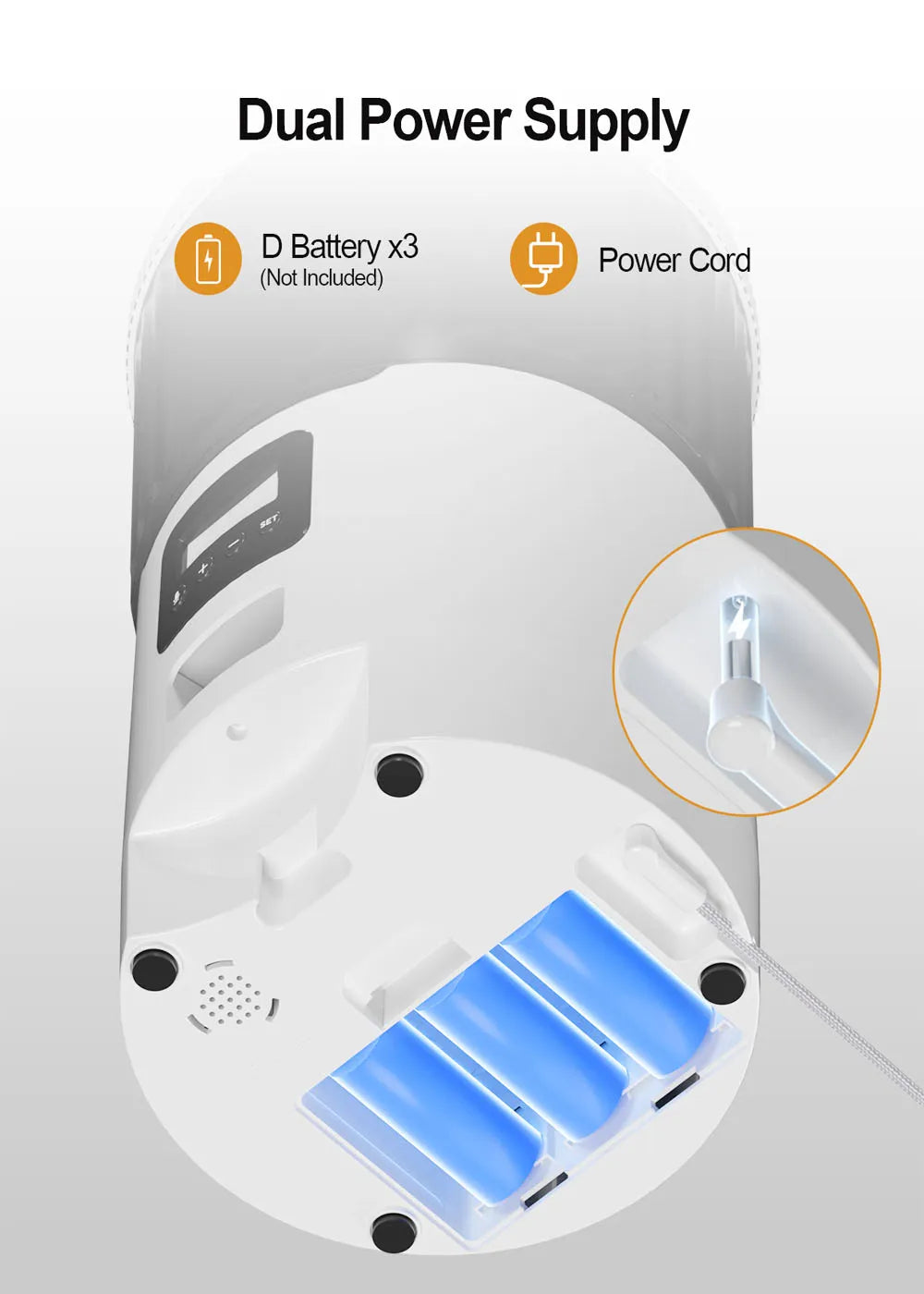 4L Pet Feeder, Powered by dual options: 3x D batteries or a power cord (not included).