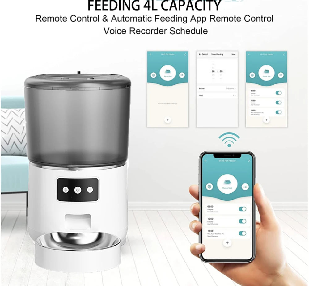 4L Automatic Cat Feeder, Automated pet feeder with 4L capacity, remote control, and scheduling options.