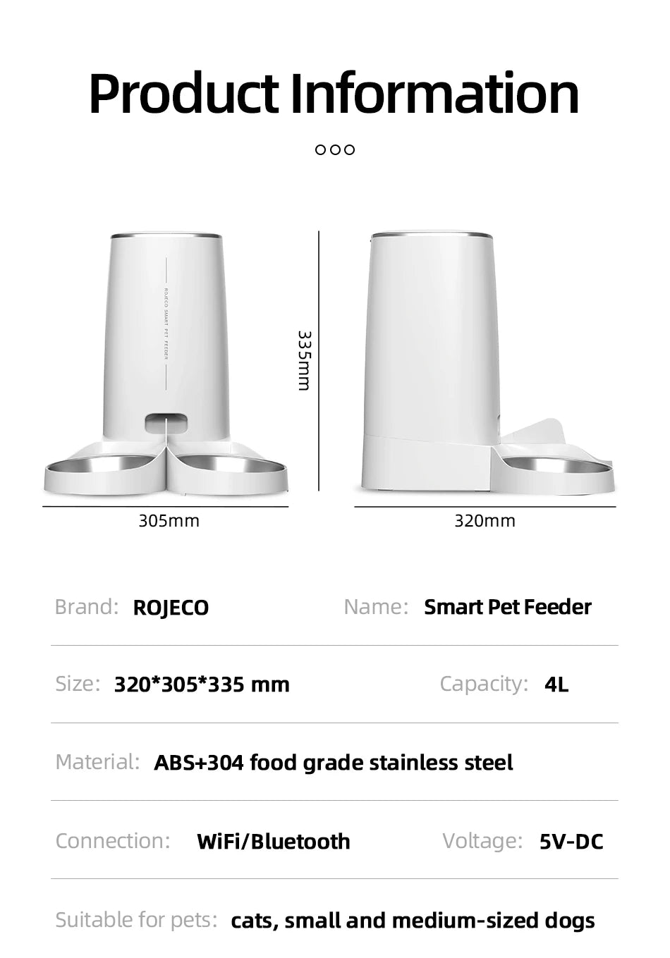 ROJECO 4L Automatic Cat Feeder, Smart pet feeder measures 32x30.5x33.5cm, suitable for cats & small/medium dogs.