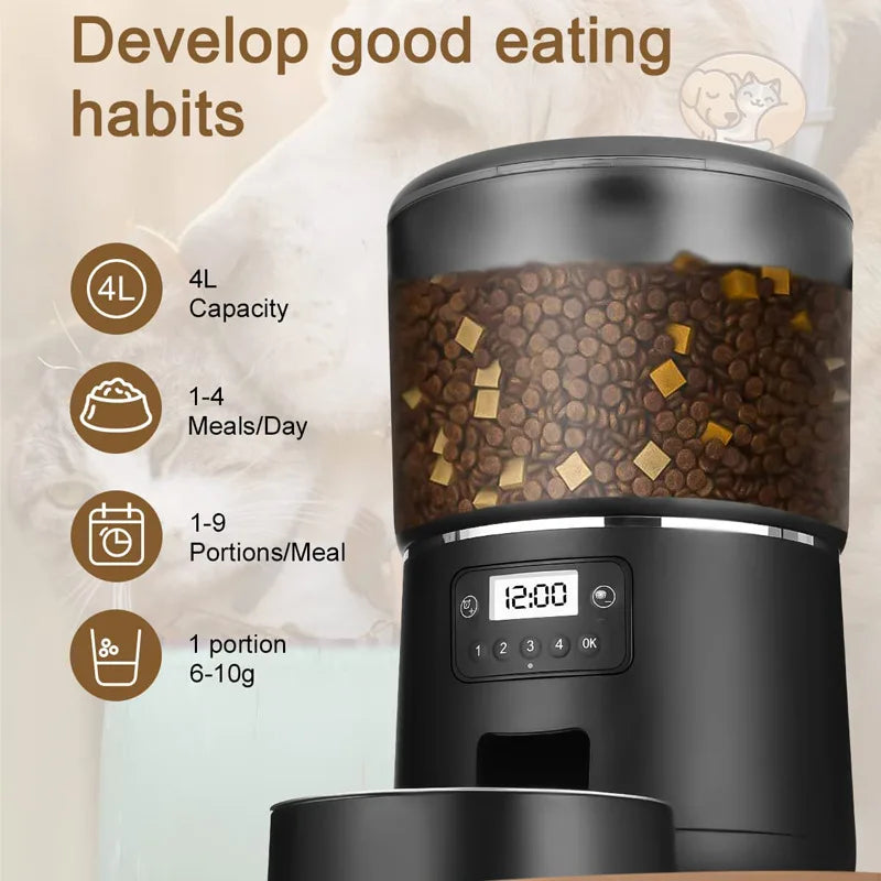 Tuya Smart WiFi 4L Pet Feeder, Feeder for small to medium-sized pets, accommodating 1-4 meals/day and 1-9 portions/meal.