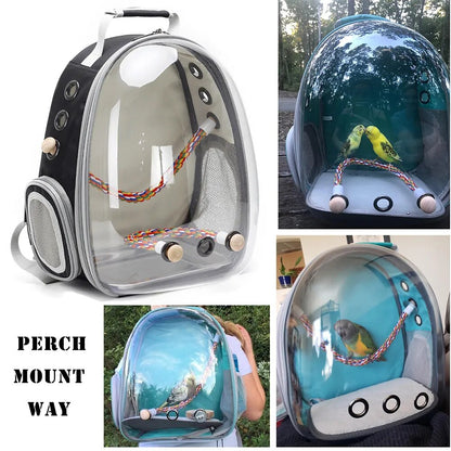 Bird Travel Carrier Backpack - Bird Cage with Stainless Steel Tray Standing Perch, Transparent Clear Bubble Window Space Capsule