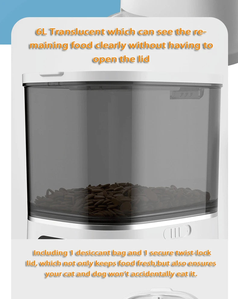 6L Automatic Cat Feeder, Transparent feeder with desiccant bag and twist-lock lid keeps pet food fresh and visible.