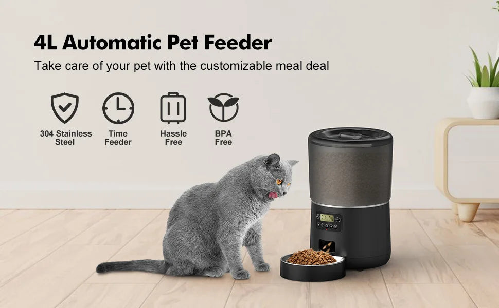 4L Automatic Cat Feeder, Stainless Steel Feeder for Cats and Dogs with Customization and BPA-Free Design.