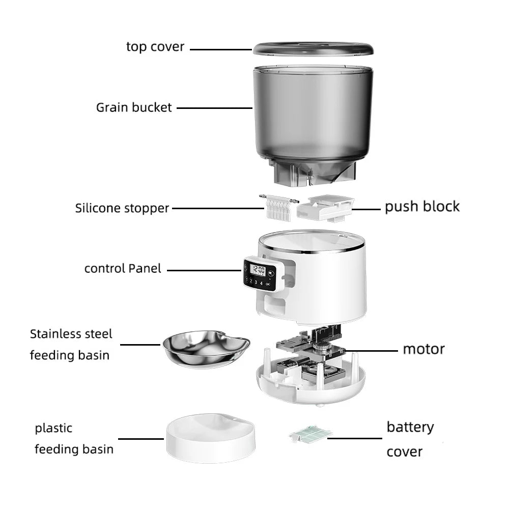 4L Automatic Cat Feeder, Stainless steel panel features motorized feeder, battery-powered feeding basin, and accessories like top-cover lid and push-block controls.