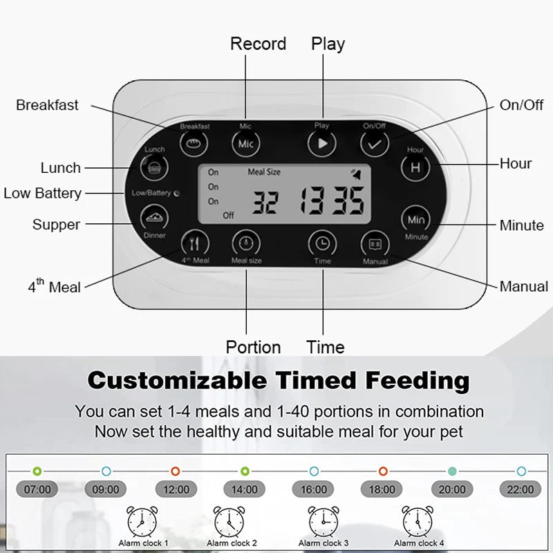 3L Automatic Cat Feeder, Customize timed feeding with automated cat feeder, setting meals and portions, with alarms and recording options.