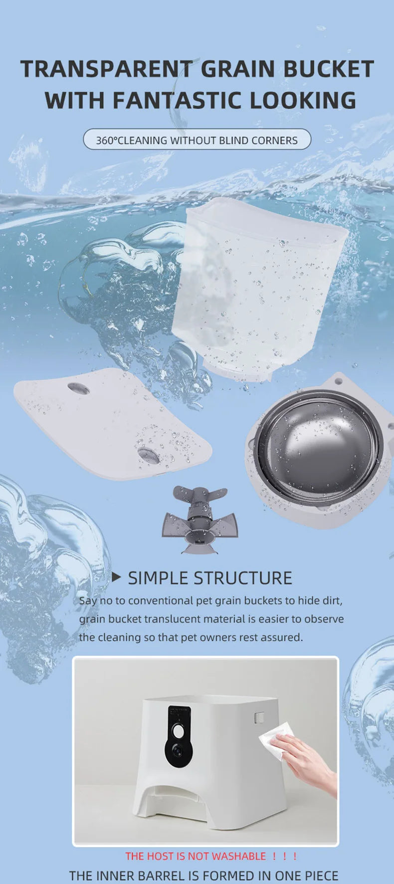 6L Automatic Cat Feeder, Transparent grain bucket with no blind corners for easy cleaning and observation.