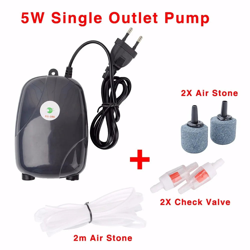 Aquarium Air Pump, Single outlet pump for aquariums with 5W power, including air stones and check valves.