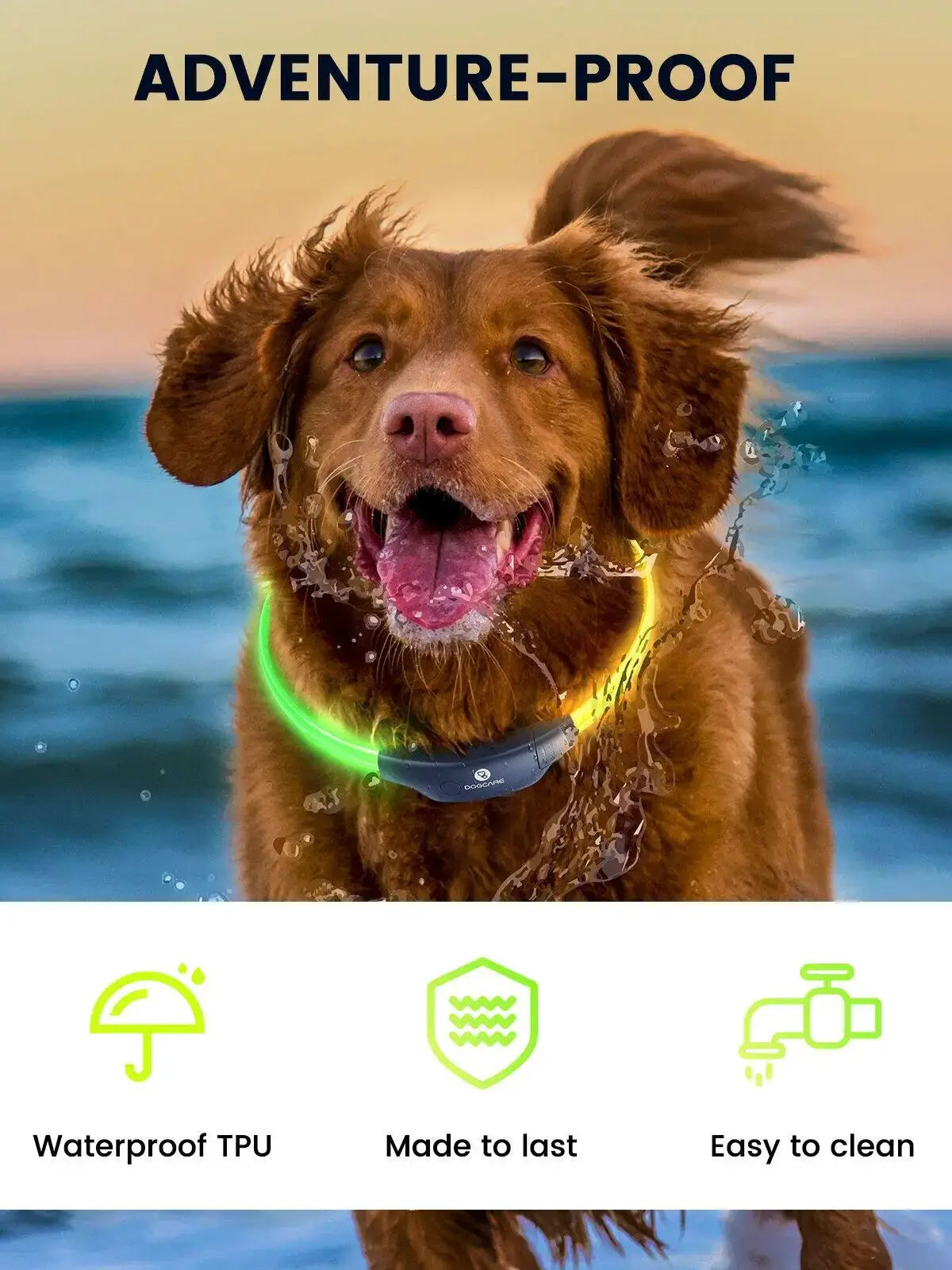 DOGCARE LC01 LED Dog Collar, Adventure-proof and waterproof, made from durable TPU for long-lasting use and easy cleaning.