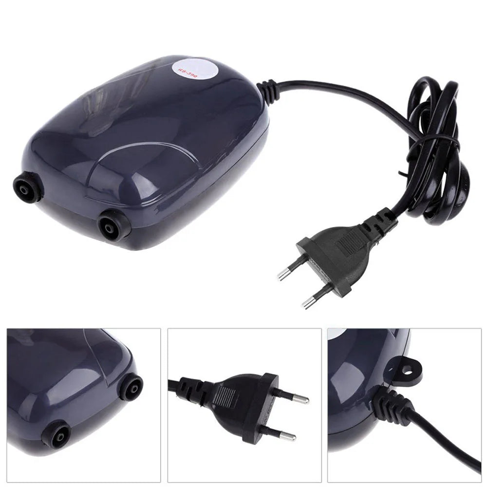 Aquarium air pump for fish tank, compact and efficient compressor with single or double outlet and check valve.