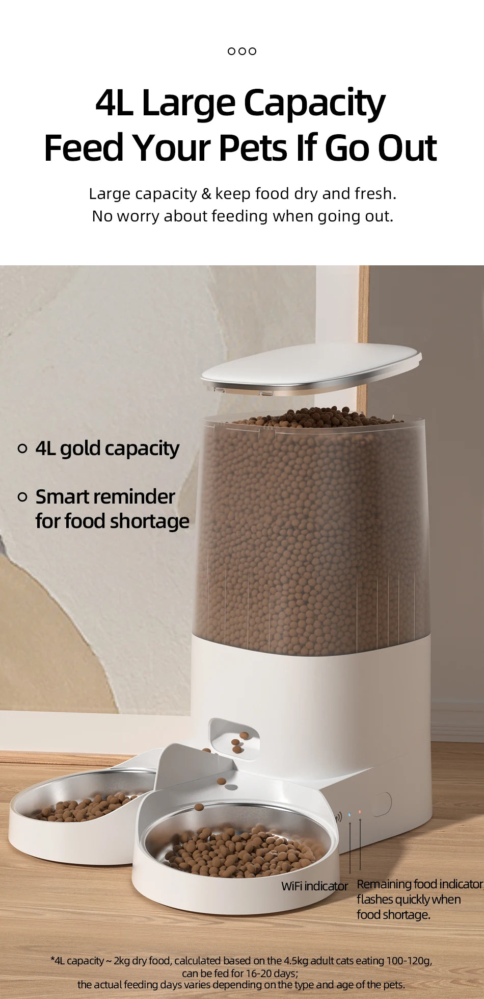 ROJECO 4L Automatic Cat Feeder, Automatic cat feeder with remote control and WiFi connectivity for convenient pet food dispensing.